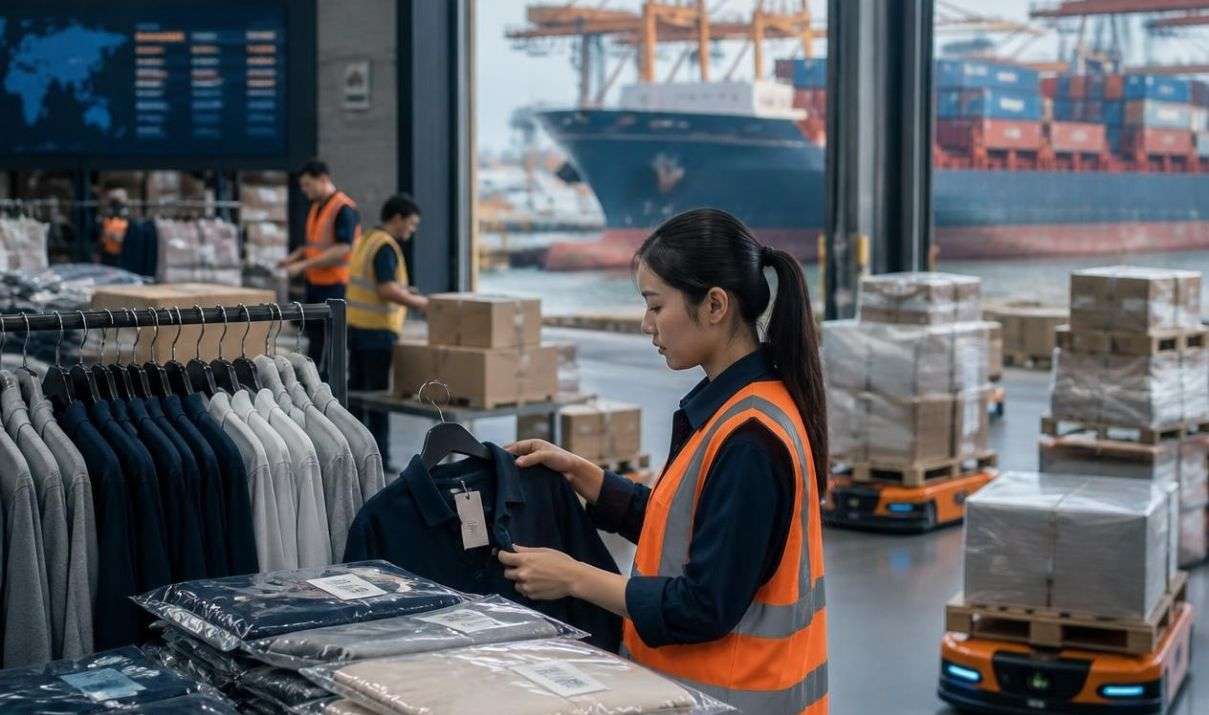 时尚供应链运营概览,展示了全球物流枢纽的服装检验、仓库库存和货船运输。